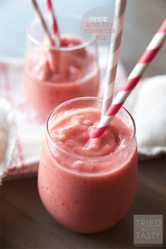 Copycat Jamba Juice Strawberries Wild // Ever wanted to make your favorite Jamba Juice recipe at home? This quick & easy recipe is only four ingredients! Tastes identical to the original, if not BETTER! Use your @blendtec to get the job done in no time! #smoothie #copycat #jambajuice #blendtec // Tried and Tasty