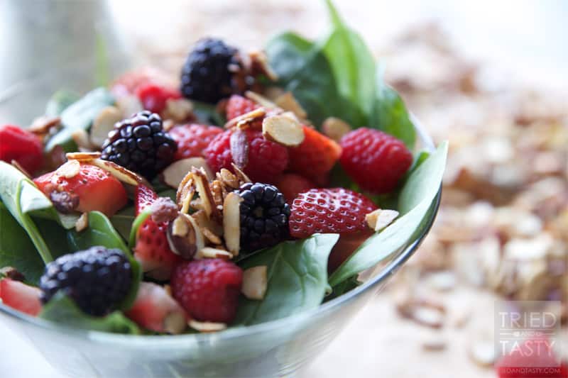 Healthier Zupas Nuts About Berries Salad Copycat // Ditch the sugar coated almonds and sugary poppyseed dressing and fall in love with this healthier version. Simple to throw together, beautiful to look at, and the most delicious healthy salad you'll ever have! | Tried and Tasty