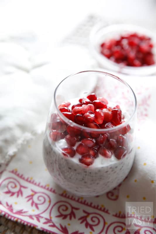 Pomegranate Coconut Chia Pudding // The perfect healthy snack that will not only leave you satisfied, but also provide many healthy nutrients from the coconut and chia seeds. It's delicious! | Tried and Tasty