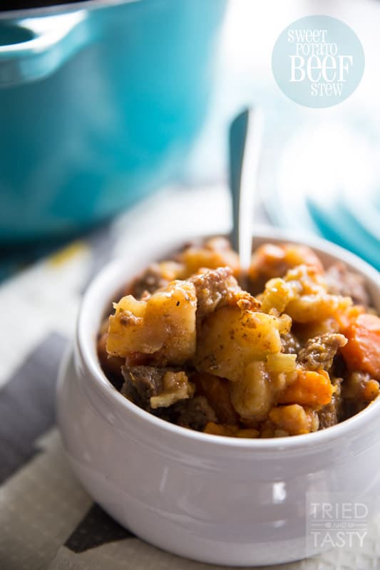 Sweet Potato Beef Stew // This sweet potato stew is made perfectly slow cooker style in the Le Creuset 5 1/2 Qt. French Oven. A handful of healthy ingredients make for a delicious hearty and healthy meal. // Tried and Tasty