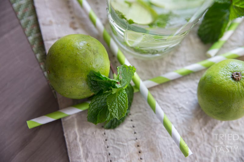 Minty Lime Water // For a cool, crisp and refreshing beverage, try this simple three-ingredient water! If you've ever needed help getting your daily water intake, this Minty Lime Water will help you reach your goals! | Tried and Tasty