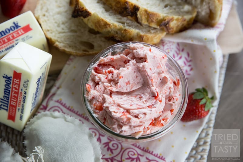 Strawberry Butter // You've heard of raspberry butter, but have you ever tried strawberry butter? Made with only three ingredients, this butter is sure to win the hearts of any who taste it! Slather on toast, pancakes, waffles, & more! | Tried and Tasty