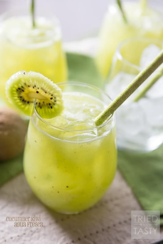 Cucumber Kiwi Agua Fresca | Looking for a delicious green drink made without any artifical coloring, soda, sherbet or ice cream? This Cucumber Kiwi Agua Fresca is PERFECT for you! It's all-natural, delicious, and really simple! Try this refreshing beverage today! // Tried and Tasty