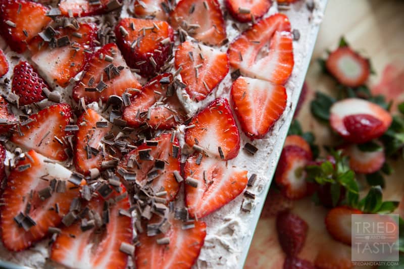 No Bake Chocolate Strawberry Icebox Cake | If you love chocolate covered strawberries, you will love this fun new twist! This cool and refreshing dessert is not only tasty, but perfect for a potluck or party! Serves a crowd & leaves guests wanting more! | Tried and Tasty