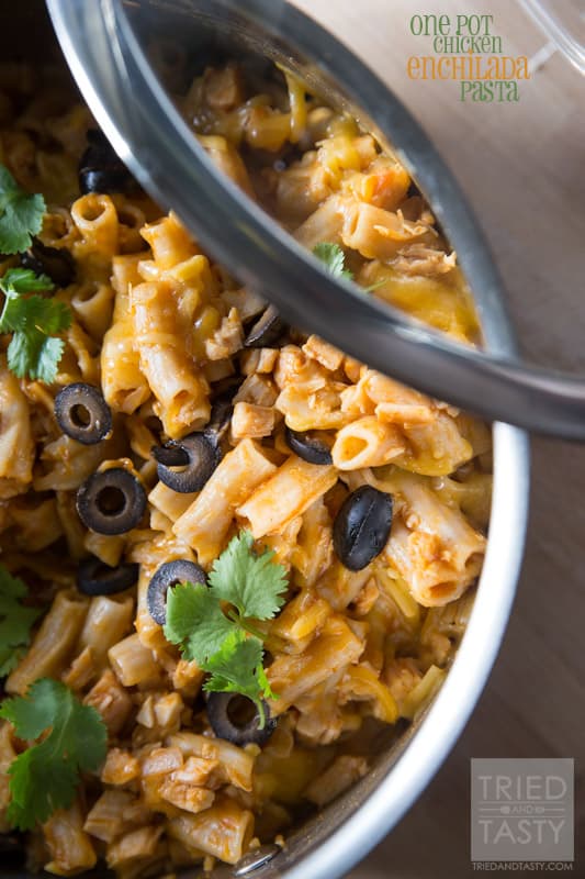 One Pot Chicken Enchilada Pasta // Do you ever get tired of making a mess of the kitchen while trying to feed your family? If so, this one pot meal is perfect for you! A great Mexican dish without all of the fuss! | Tried and Tasty