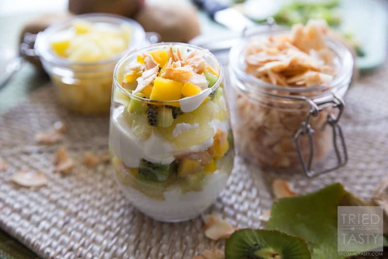 Tropical Fruit & Yogurt Parfait // Want a quick and easy breakfast that will transport you to the tropics without leaving home? This Tropical Fruit & Yogurt Parfait will leave your tastebuds dancing like they're on vacation! Only five ingredients! | Tried and Tasty