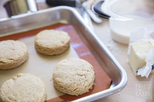 100% Whole Wheat Biscuits // Made with wholeseome ingredients, these whole wheat biscuits are perfect for any breakfast or brunch. Great with melted butter or coconut oil and a drizzle of raw honey! | Tried and Tasty