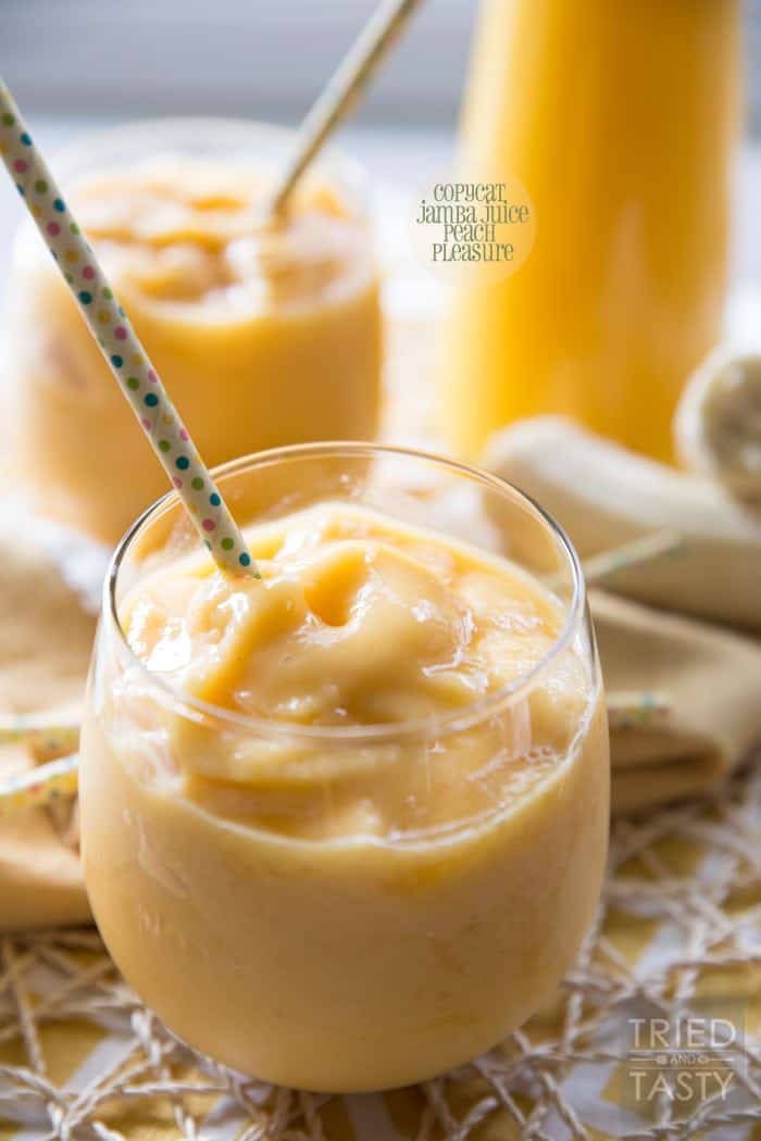 Copycat Jamba Juice Peach Pleasure // Love Jamba Juice but don't love spending a fortune on a smoothie? Make your favorite right at home! This Copycat Jamba Juice is simple & tasty. Not only do you control the ingredients, you also save money! | Tried and Tasty