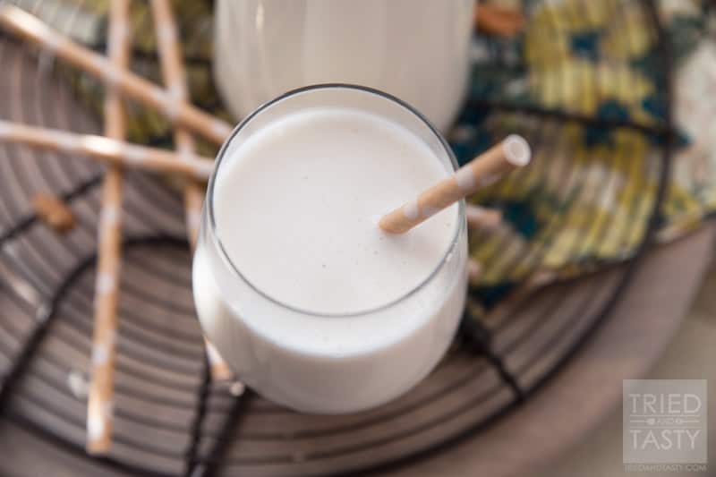 Homemade Almond Milk // Making your own almond milk couldn't be any more simple. All you need are four ingredients and 60 seconds. Best part about it? You avoid Carrageenan the additive found in most store bought almond milks. Enjoy this fresh, smooth, creamy & rich homemade version today! | Tried and Tasty