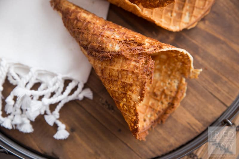 Homemade Gluten Free Waffle Cones // Ever tried making your own waffle cones? It's easy peasy and once you've made your own you'll never want to buy store bought again! This fantastic recipe is made without any refined sugar or refined flour! Absolutely delicious! | Tried and Tasty