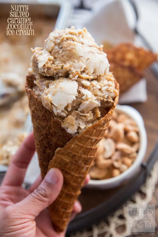 Nutty Salted Caramel Coconut Ice Cream // If you love coconut and cashews, you have found the one and only ice cream recipe you will ever need. Made without any refined sugar, with a velvety smooth date caramel ribbon, you'll find yourself sneaking to the freezer for a scoop time and time again! | Tried and Tasty