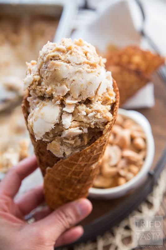 Nutty Salted Caramel Coconut Ice Cream // If you love coconut and cashews, you have found the one and only ice cream recipe you will ever need. Made without any refined sugar, with a velvety smooth date caramel ribbon, you'll find yourself sneaking to the freezer for a scoop time and time again! | Tried and Tasty