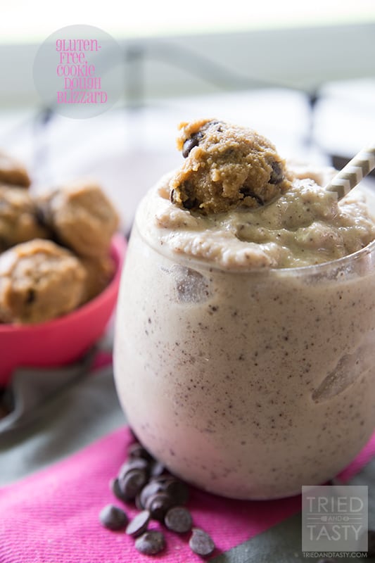 Gluten Free Cookie  Dough Blizzard // If you're familiar with Dairy Queen Blizzards, you know how yummy they are. Ice cream, your favorite mix-in, and away you go with the most delicious shake around. However, the excess calories can be avoided with this tasty alternative. Made with gluten-free cookie dough bites, you'll be surprised that it's not the guilty indulgence you've had for years! | Tried and Tasty