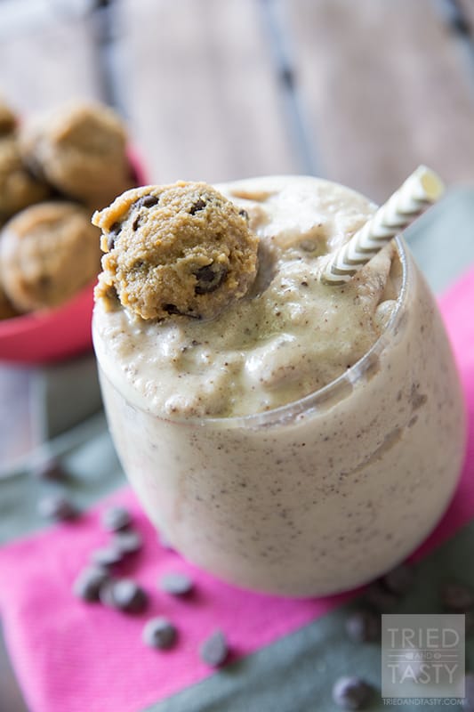 Gluten Free Cookie  Dough Blizzard // If you're familiar with Dairy Queen Blizzards, you know how yummy they are. Ice cream, your favorite mix-in, and away you go with the most delicious shake around. However, the excess calories can be avoided with this tasty alternative. Made with gluten-free cookie dough bites, you'll be surprised that it's not the guilty indulgence you've had for years! | Tried and Tasty