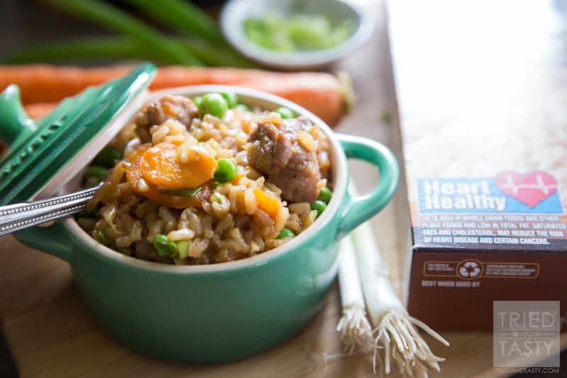 One Pot Asian-Inspired Pork & Rice // Use Minute® Brown Rice for this delicious and hearty meal. Powerful flavors come together to create and explosion of flavor in your mouth. One bite, and you will want to make this again and again. Perfect Asian-inspired dinner great any day of the week! #MinuteMeals #AD | Tried and Tasty
