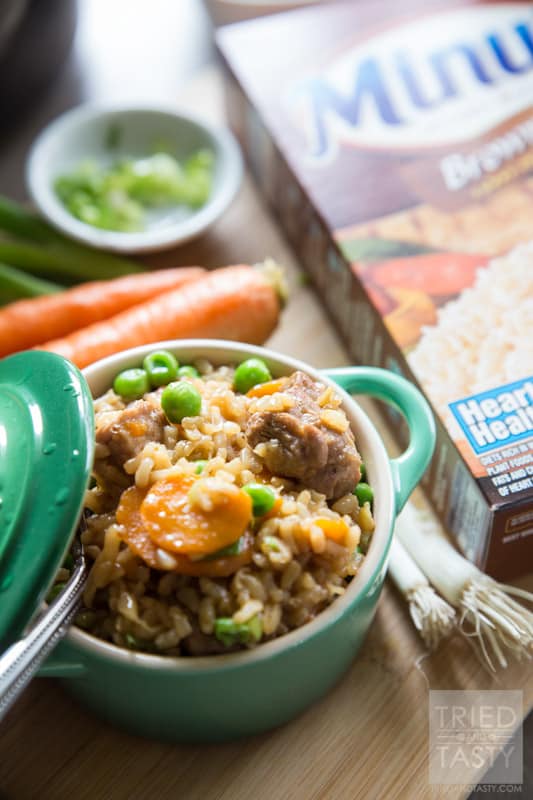 One Pot Asian-Inspired Pork & Rice // Use Minute Rice Brown Rice for this delicious and hearty meal. Powerful flavors come together to create and explosion of flavor in your mouth. One bite, and you will want to make this again and again. Perfect Asian-inspired dinner great any day of the week! | Tried and Tasty