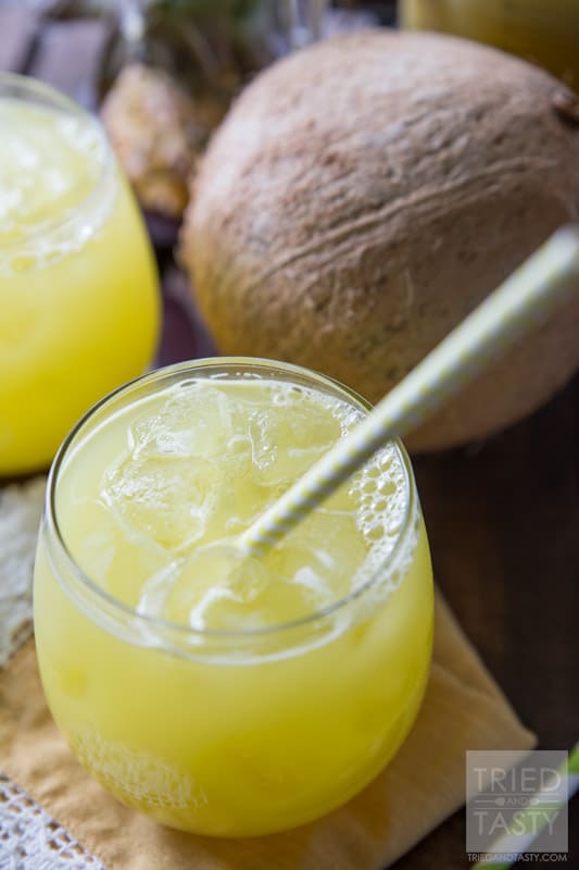 Pina Colada Agua Fresca | Looking for a delicious drink made without any artificial coloring, soda, sherbet or ice cream? This Pina Colada Agua Fresca is PERFECT for you! It's all-natural, delicious, and really simple! Try this refreshing beverage today! // Tried and Tasty