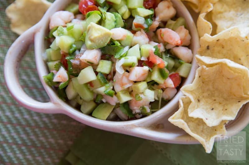 Shrimp Ceviche // This refreshing dip has outstanding flavor! Crisp, fresh, and perfect for any party, gathering, get together, potluck, or even for no reason at all! | Tried and Tasty