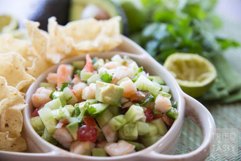 Shrimp Ceviche // This refreshing dip has outstanding flavor! Crisp, fresh, and perfect for any party, gathering, get together, potluck, or even for no reason at all! | Tried and Tasty