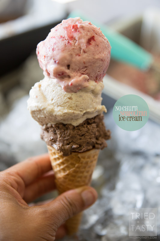 No Churn Neapolitan Ice Cream // If you've been on the hunt for a no churn ice cream recipe that's made WITHOUT sweetened condensed milk, this is the 'healthy' recipe for you! No refined sugars and a whole lot of tasty is what you'll find in this delicious Neapolitan recipe! | Tried and Tasty