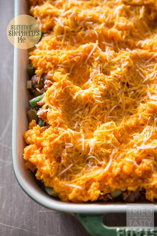 Summer Shepherds Pie // With Summer in full swing, here's a great way to use some of those fresh garden veggies! This healthy Shepherd's Pie is beautiful, delicious, and nutritious! | Tried and Tasty