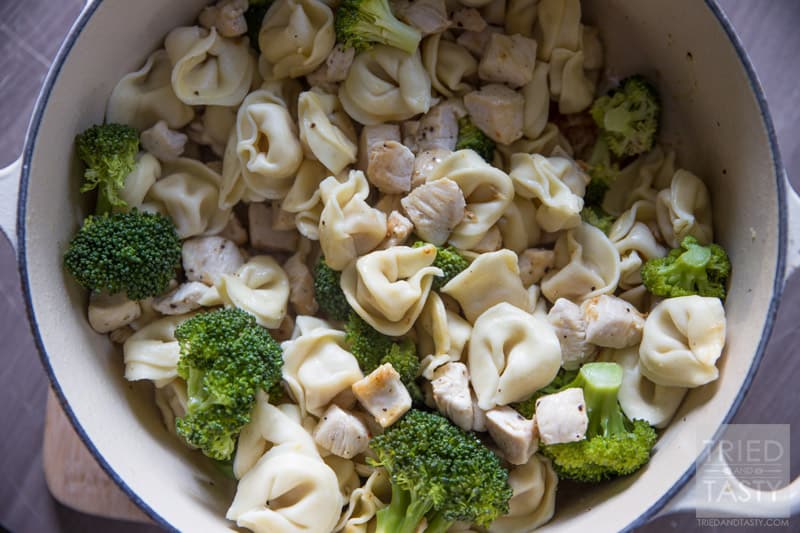 One Pot Chicken & Broccoli Tortellini // Five ingredients, 30 minutes, and one delicious dinner the whole family will love! Made with Prego Alfredo you'll have a flavorful & saucy dinner perfect for any day of the week! | Tried and Tasty