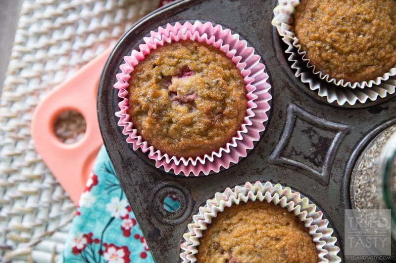 Coconut Strawberry Chia Muffins // Perfect for breakfast or even a snack, these muffins are perfect! Healthy, moist and delicious! Dairy free AND gluten free! | Tried and Tasty