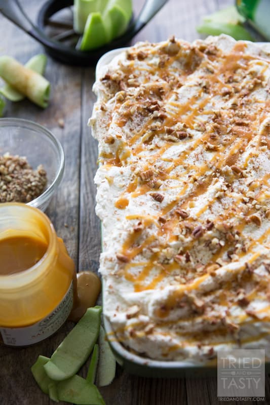 No Bake Caramel Apple Pie Icebox Cake // Love caramel apples? Made with less than 10 simple ingredients this festive fall dessert is perfect for your parties and get togethers this season. Light, fluffy & wonderfully decadent you'll immediately fall in love with this treat! | Tried and Tasty