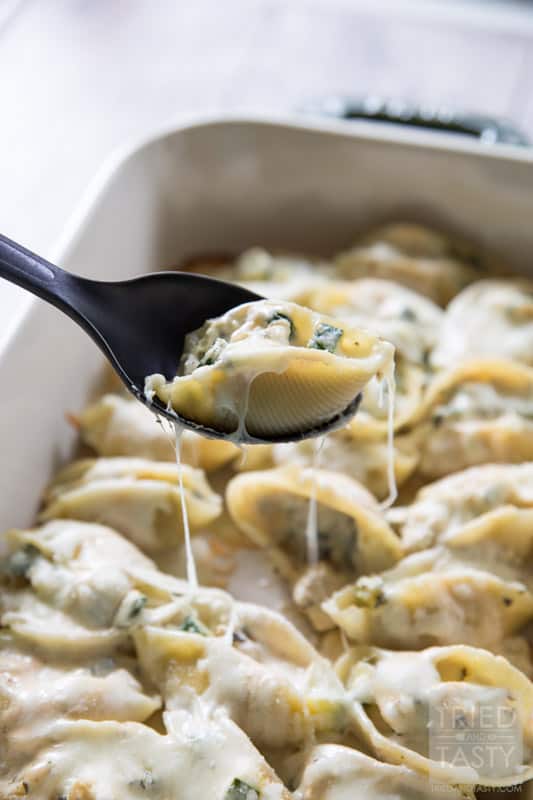 Creamy Chicken & Veggie Stuffed Shells // This delicious comfort food is great for dinner anytime. Filled with chicken, zucchini, spinach & cheese you're family will be begging for more! | Tried and Tasty