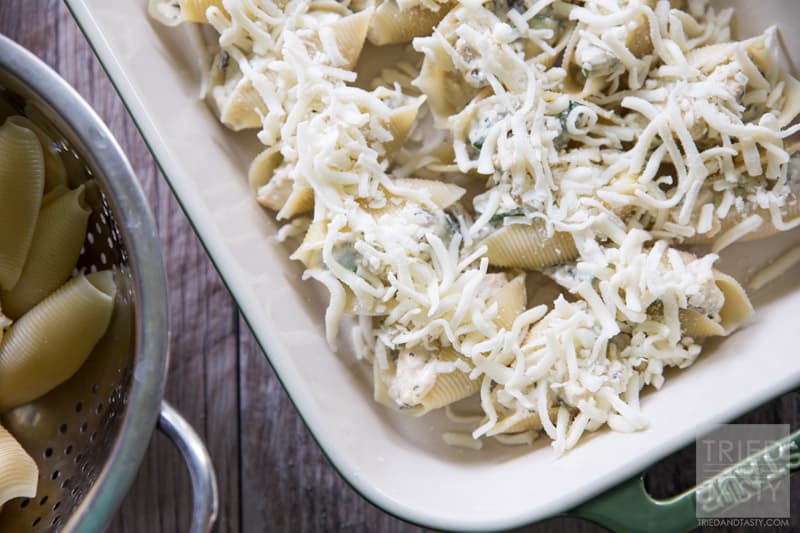 Creamy Chicken & Veggie Stuffed Shells // This delicious comfort food is great for dinner anytime. Filled with chicken, zucchini, spinach & cheese you're family will be begging for more! | Tried and Tasty
