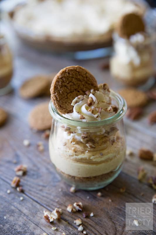 No Bake Pumpkin Cheesecake Parfait // This delicious festive treat is perfect for your holiday get togethers. Made with a creamy light pumpkin cheesecake filling you'll love this and so will your guests! | Tried and Tasty