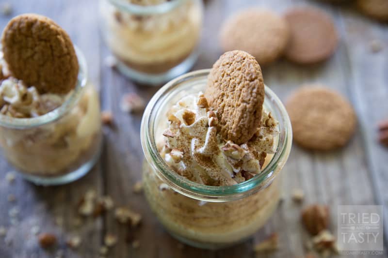 No Bake Pumpkin Cheesecake Parfait // This delicious festive treat is perfect for your holiday get togethers. Made with a creamy light pumpkin cheesecake filling you'll love this and so will your guests! | Tried and Tasty