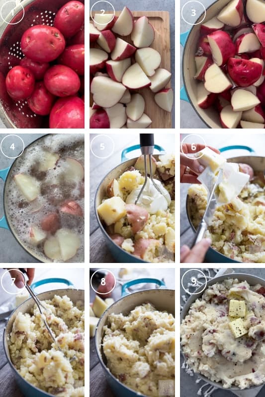 Step-by-step photos showing red potatoes in a turquoise dutch oven being made into mashed potatoes