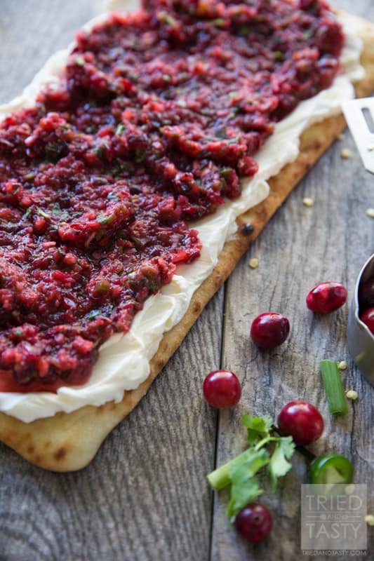 Cranberry Salsa Flatbread Appetizer // Want a delicious & festive appetizer for the holidays? You're in luck! This cranberry salsa will wow your guests tastebuds at first bite! | Tried and Tasty