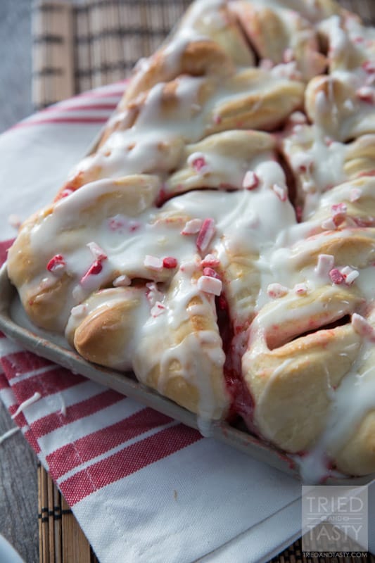 Peppermint Twists // These delicious treats are perfectly festive for the Christmas holiday. If you love peppermint, you will LOVE these - made with Rhodes dough, they are easier than you may think! Enjoy for breakfast OR dessert! | Tried and Tasty
