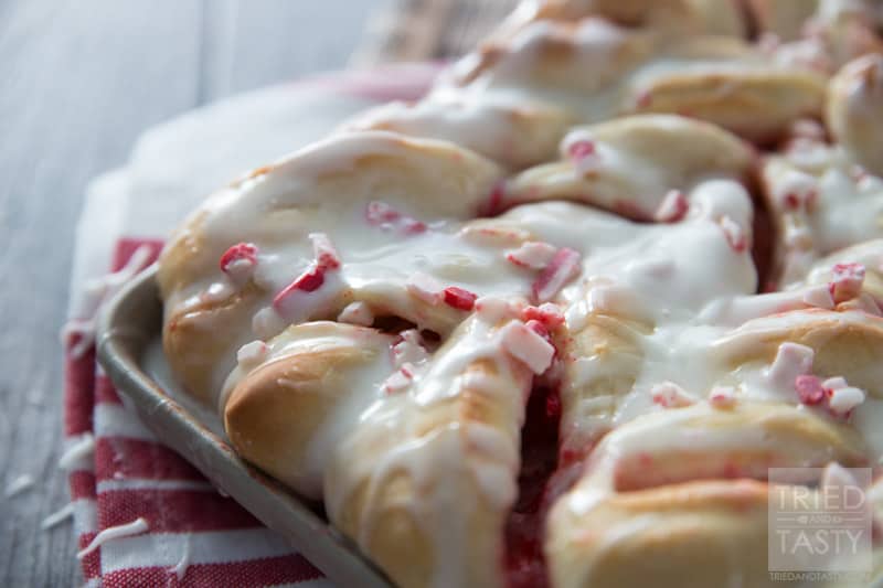Peppermint Twists // These delicious treats are perfectly festive for the Christmas holiday. If you love peppermint, you will LOVE these - made with Rhodes dough, they are easier than you may think! Enjoy for breakfast OR dessert! | Tried and Tasty