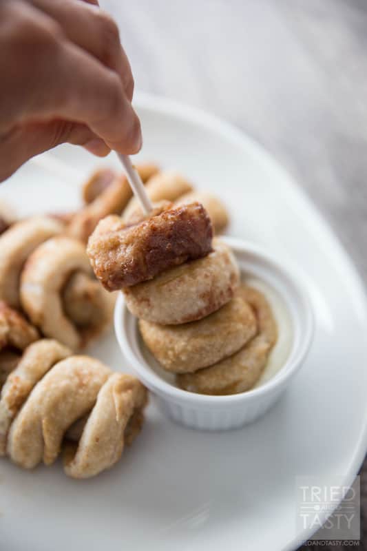 Cinnamon Sausage Breakfast Dippers // This two-ingredient breakfast idea SCREAMS kid friendly! Ready in less than THREE minutes! Don't believe me? You'll just have to check it out for yourself. Delicious sweet breakfast dippers the whole family will enjoy. | Tried and Tasty