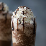 Close up shot of whipped cream & chocolate syrup covered frappuccino