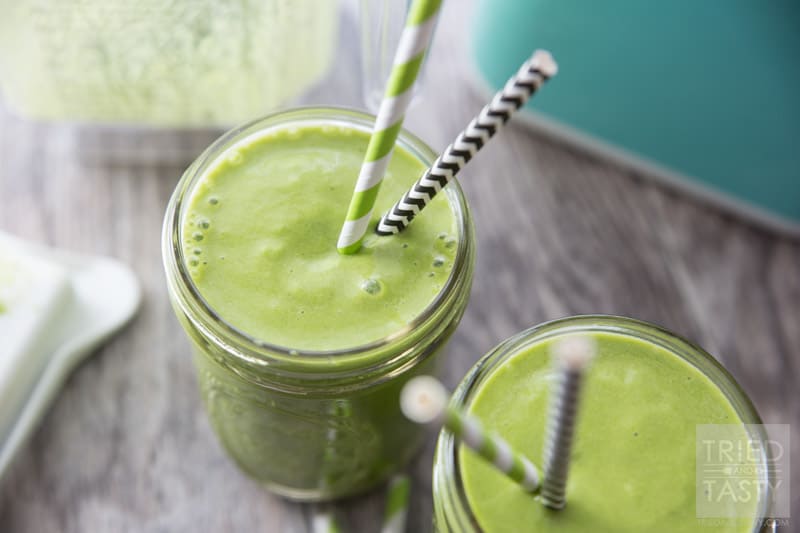 Three Ingredient Pineapple Green Smoothie // Doesn't get any easier than this delicious smoothie! You're only three ingredients away from a nutrition packed, no-sugar added, simple smoothie. Perfect to jump start your morning. Great for a mid-afternoon pick-me-up. Great for an afternoon snack the whole family will enjoy! | Tried and Tasty