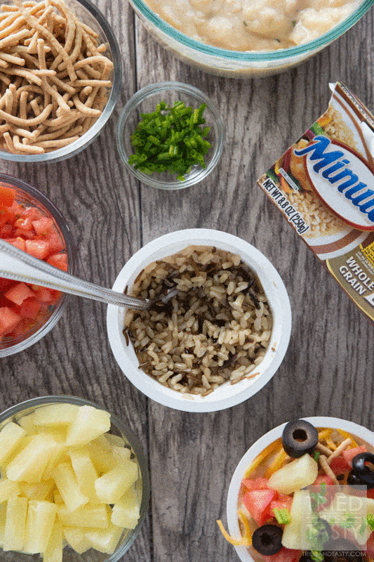 Single Serve Hawaiian Haystacks // With the Minute® Ready to Serve Rice you can have the perfect portioned dinner. With a Hawaiian Haystack bar everyone can customize their favorite 'stack' with their preferred toppings. Win/Win and everyone is happy! | Tried and Tasty