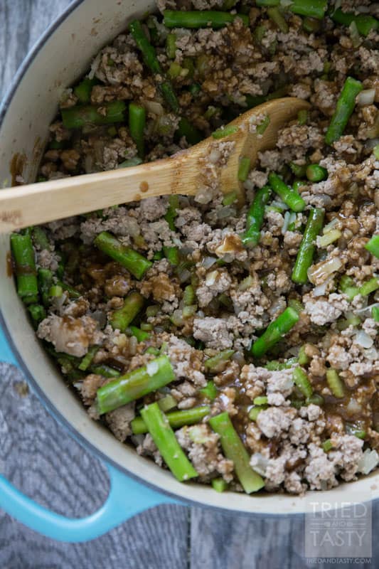 Turkey & Asparagus Stir Fry / Want a healthy & hearty dinner idea the whole family will love? This is this twist on traditional stir fry will have your family begging for seconds. Chock full of delicious veggies, serve over rice for an extra tasty meal! | Tried and Tasty