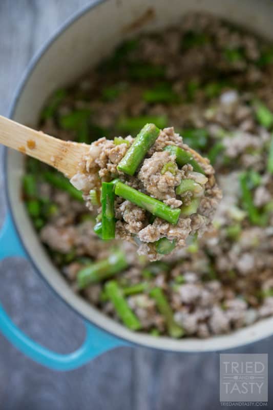 Turkey & Asparagus Stir Fry / Want a healthy & hearty dinner idea the whole family will love? This is this twist on traditional stir fry will have your family begging for seconds. Chock full of delicious veggies, serve over rice for an extra tasty meal! | Tried and Tasty