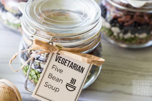 Vegetarian Five Bean Soup // If you're in need of a great healthy edible gift, this soup is perfect! All your recipient needs to add is a can of diced tomatoes and some water. Doesn't get any easier than that! Great for holidays, dinner parties, or any other celebration needing a wonderful & thoughtful gift! | Tried and Tasty