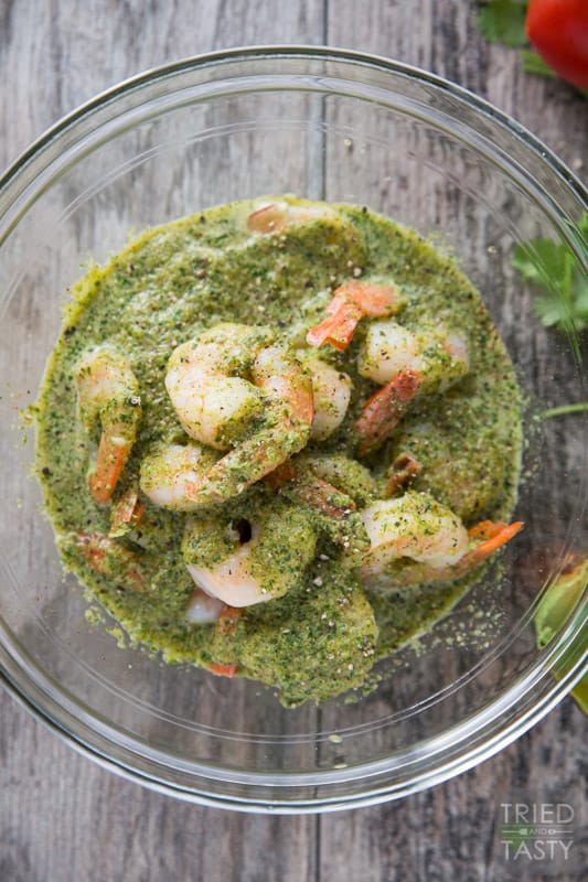 Cilantro Honey Lime Marinade // This simple to throw together marinade requires minimal chopping and all the hard work is completed by your blender. Throw all your juices and spices together, blend, then marinate your shrimp (or other meat of choice). Throw it on the grill and you've got the perfect summertime grilled grub! | Tried and Tasty