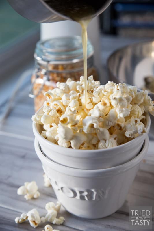 Honey Butter Popcorn // The kids will flip over this delicious popcorn recipe! You only need five ingredients - and I can almost guarantee you have everything on hand already. Plus, there's no microwave involved - say goodbye to yucky chemicals! | Tried and Tasty