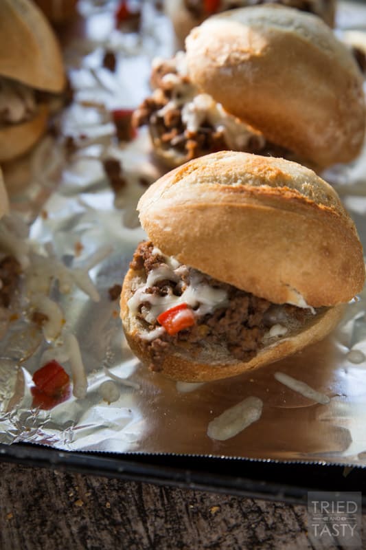 Philly Joe Sliders // This is a combination of a Philly Cheese Steak and a Sloppy Joe in a small hand held slider. | Tried and Tasty