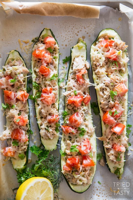 Healthy Zucchini Tuna Melts // These delicious tuna melts are the low-carb gluten-free version of a classic. Made with high quality Genova tuna you will want to make them again and again. Simple Ingredients. Vibrant flavor. Ready in less than 30 minutes! | Tried and Tasty