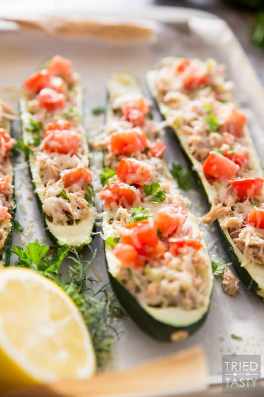 Healthy Zucchini Tuna Melts // These delicious tuna melts are the low-carb gluten-free version of a classic. Made with high quality Genova tuna you will want to make them again and again. Simple Ingredients. Vibrant flavor. Ready in less than 30 minutes! | Tried and Tasty