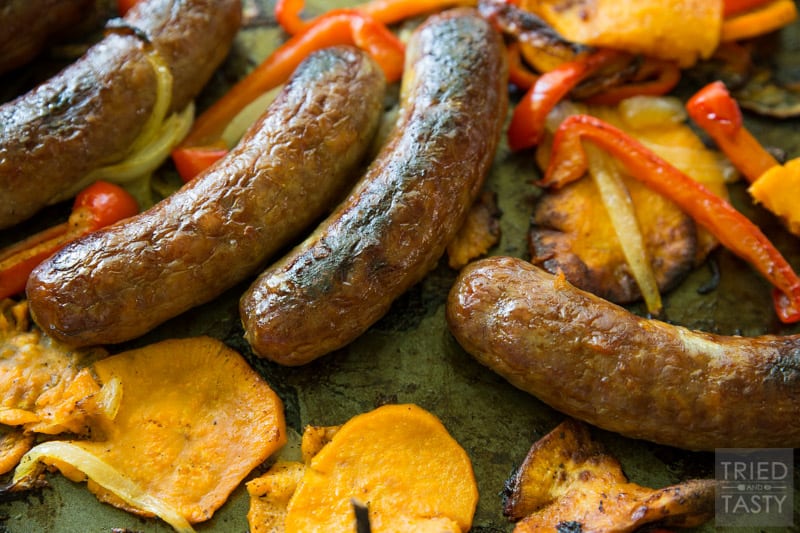 Roasted Brats And Veggies // Celebrate 'Bratsgiving' with this delicious simple meal idea. You probably already have everything on hand, so make this today! | Tried and Tasty