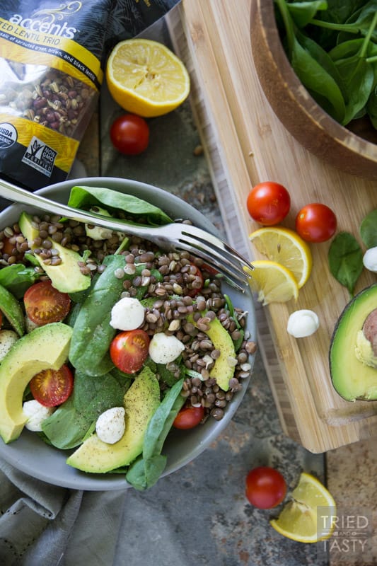 Lentil Spinach Salad // This delicious salad is not only quick and easy, it's packed with healthy nutrient rich ingredients - starring sprouted lentils. Great as a side dish and even filling enough to be the main meal! | Tried and Tasty